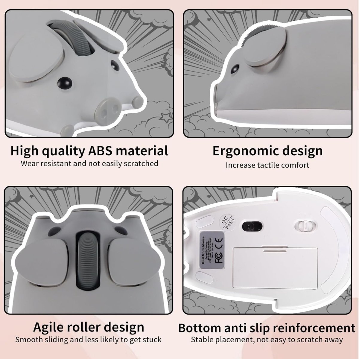 Grey Pig Wireless Mouse Bluetooth 5.1 2.4G Silent 1200DPI - Kwikley