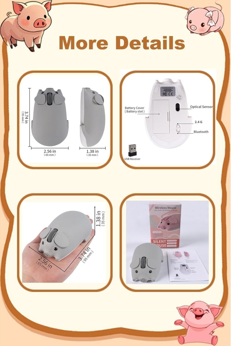 Grey Pig Wireless Mouse Bluetooth 5.1 2.4G Silent 1200DPI - Kwikley