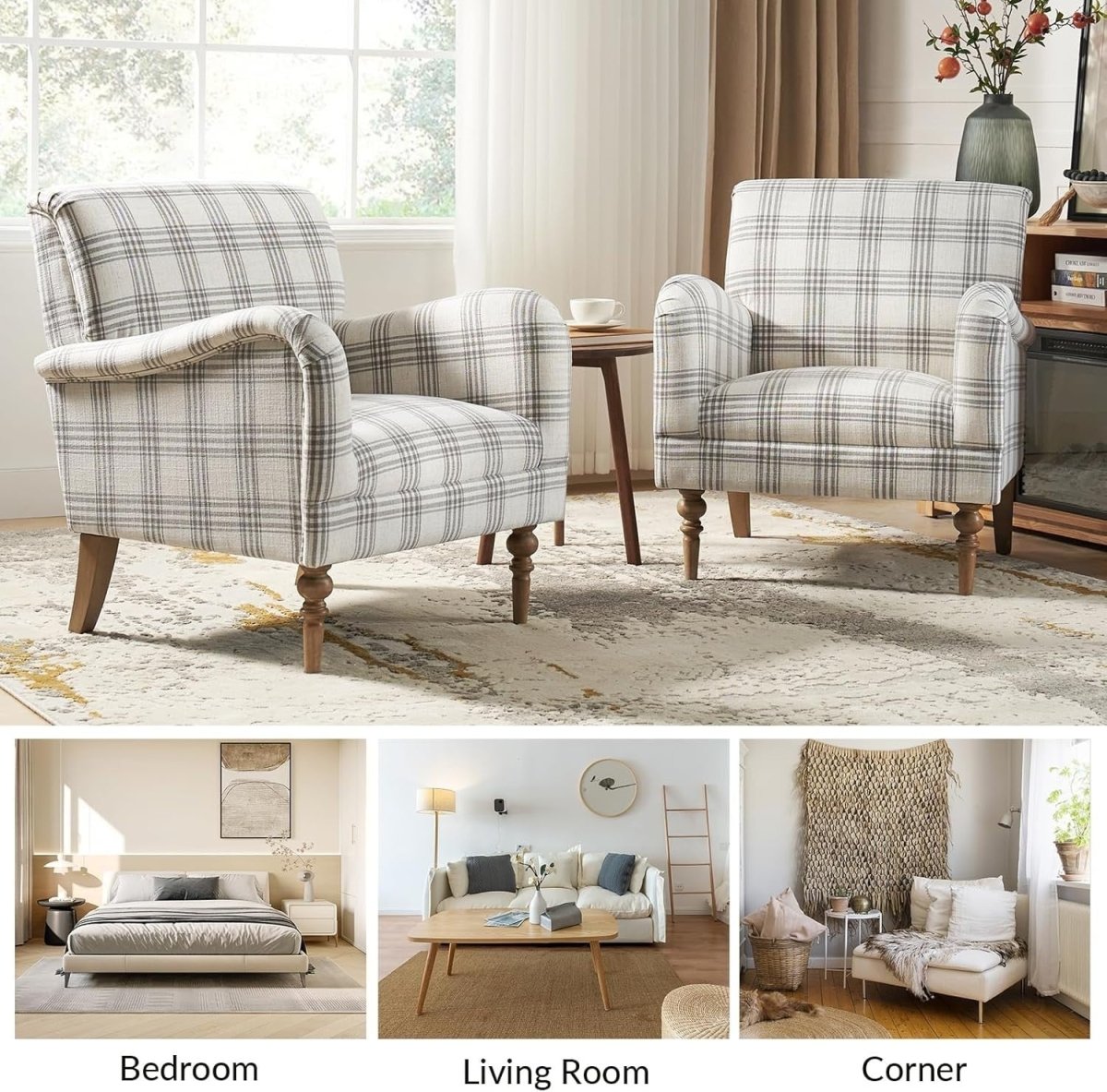 Grey Plaid Accent Chair Upholstered Armchair Comfy Seat for Living Room - Kwikley