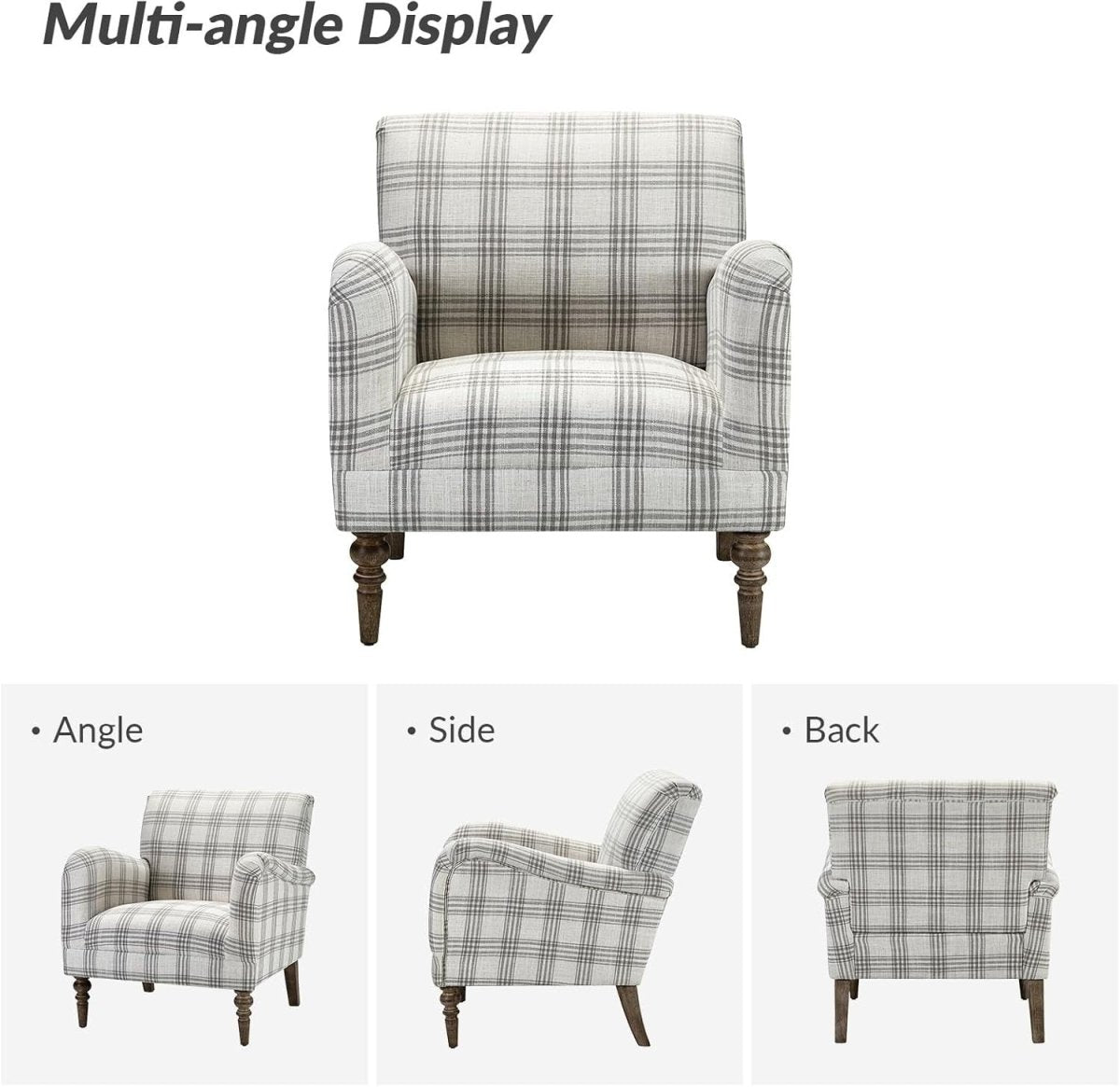 Grey Plaid Accent Chair Upholstered Armchair Comfy Seat for Living Room - Kwikley