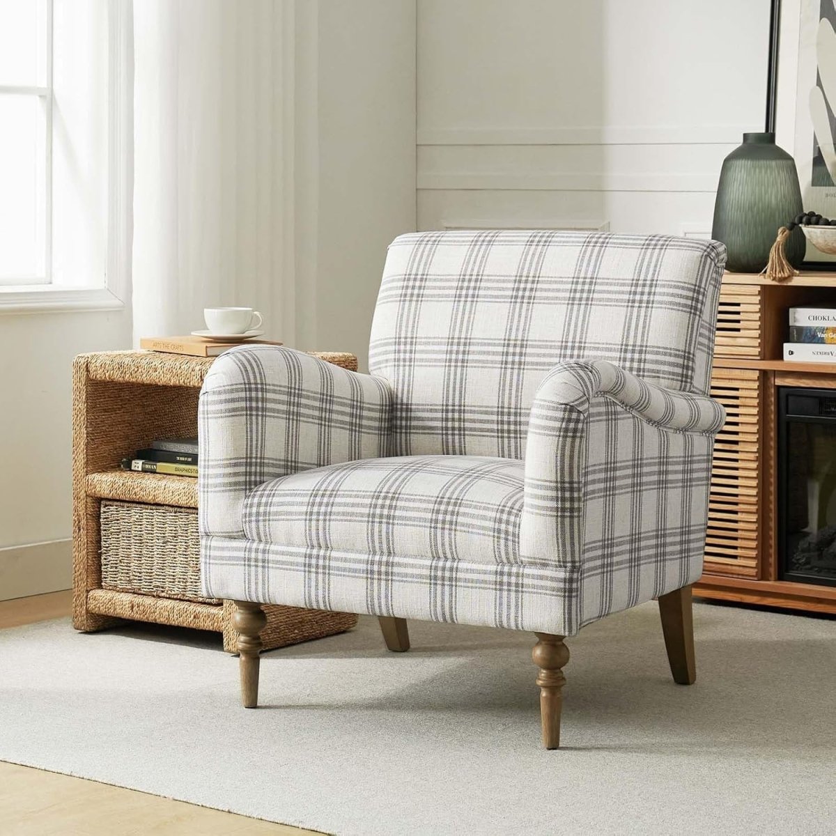 Grey Plaid Accent Chair Upholstered Armchair Comfy Seat for Living Room - Kwikley