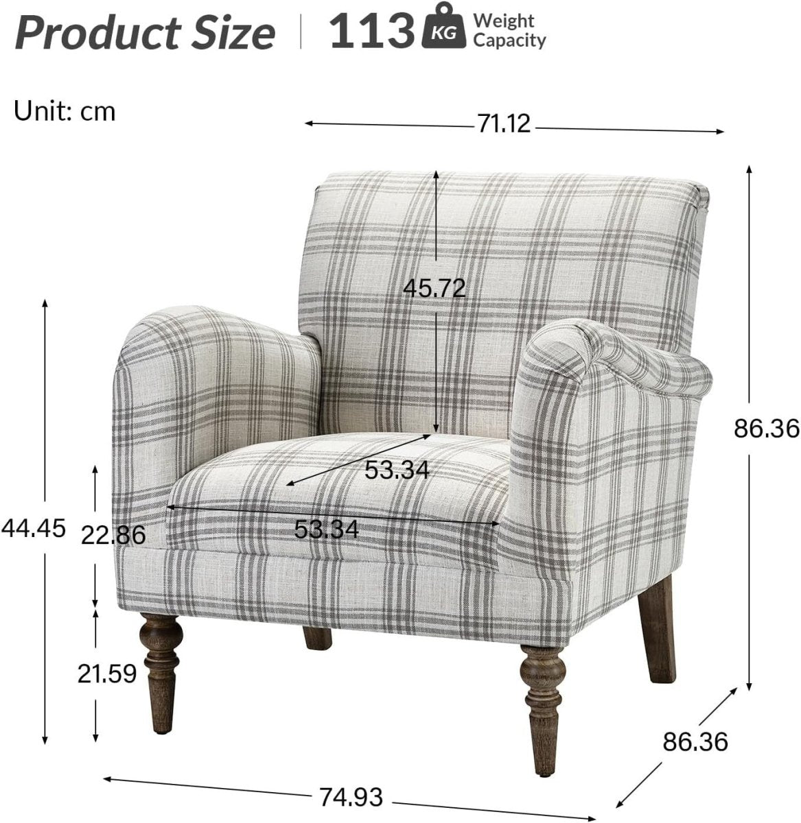 Grey Plaid Accent Chair Upholstered Armchair Comfy Seat for Living Room - Kwikley