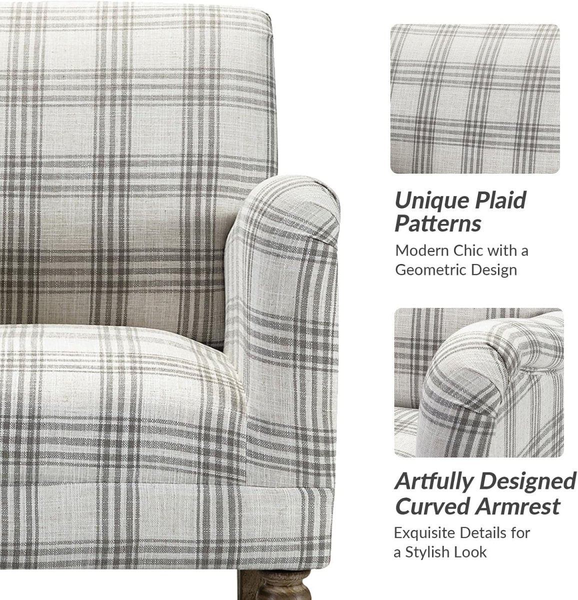 Grey Plaid Accent Chair Upholstered Armchair Comfy Seat for Living Room - Kwikley