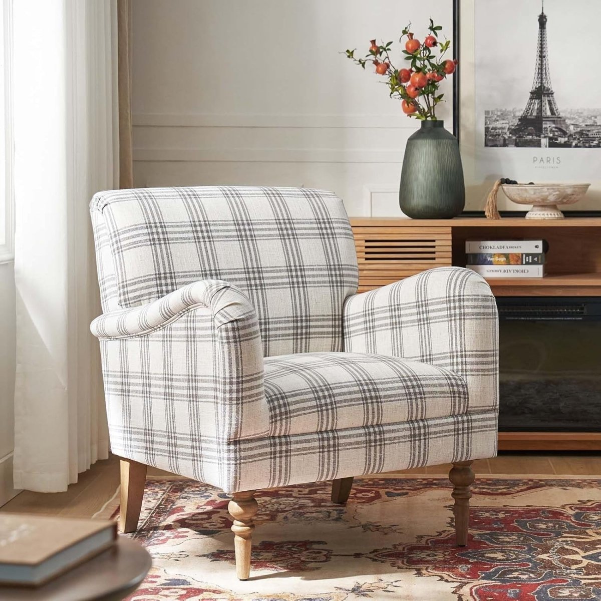 Grey Plaid Accent Chair Upholstered Armchair Comfy Seat for Living Room - Kwikley