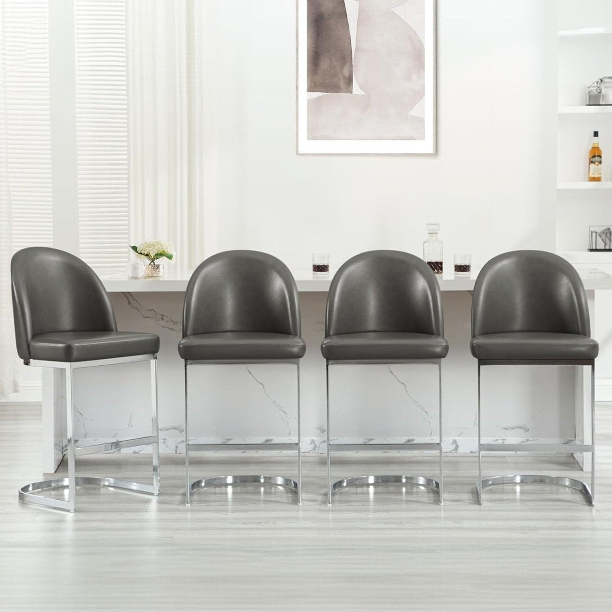 Grey PU Leather Bar Stools Set of 2 Swivel Kitchen Counter with Arms - Kwikley
