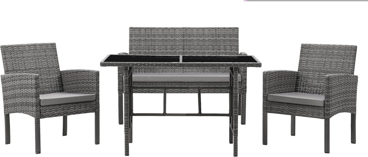 Grey Rattan 4 Seat Garden Dining Lounge Set Sofa Chairs Glass Table Outdoor - Kwikley
