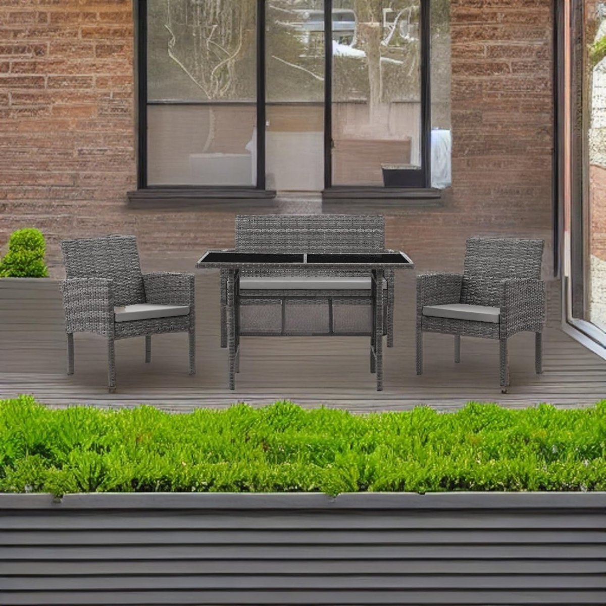 Grey Rattan 4 Seat Garden Dining Lounge Set Sofa Chairs Glass Table Outdoor - Kwikley