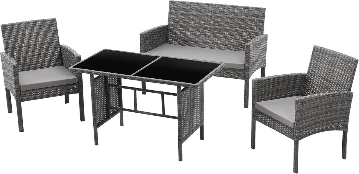 Grey Rattan 4 Seat Garden Dining Lounge Set Sofa Chairs Glass Table Outdoor - Kwikley