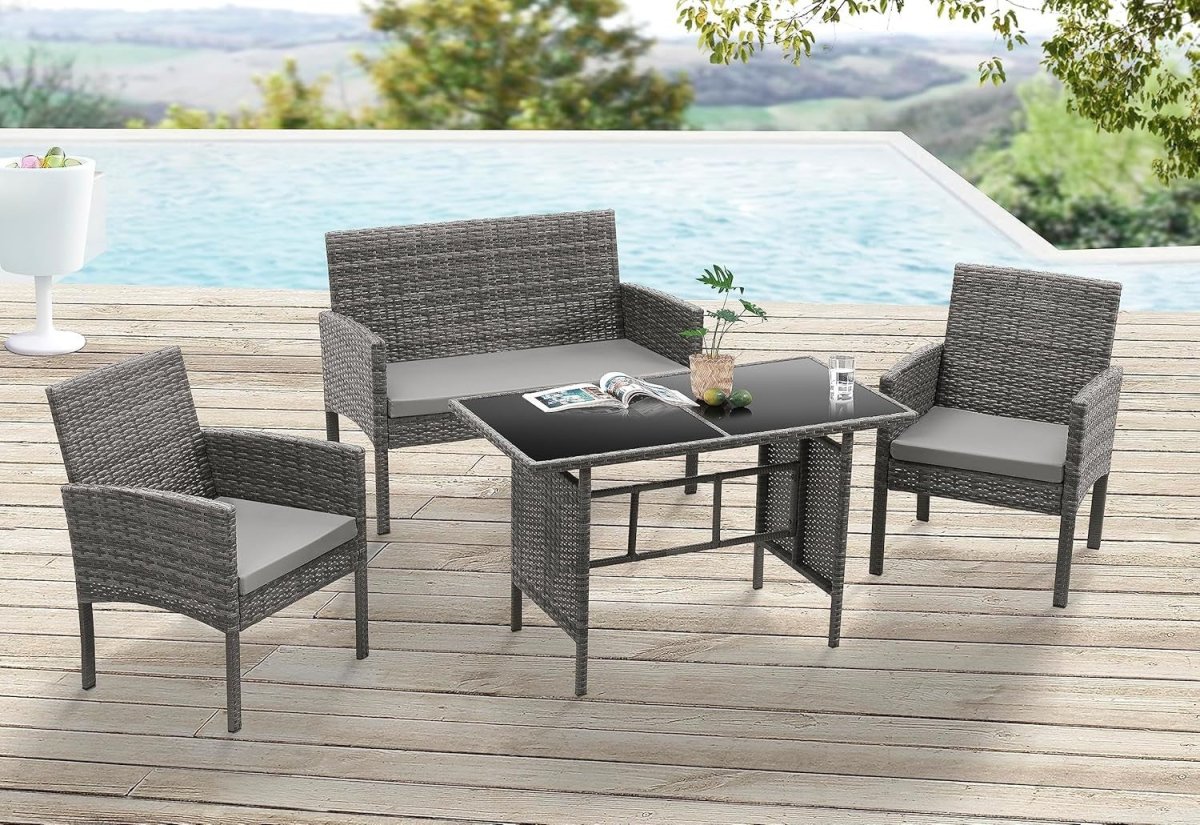 Grey Rattan 4 Seat Garden Dining Lounge Set Sofa Chairs Glass Table Outdoor - Kwikley