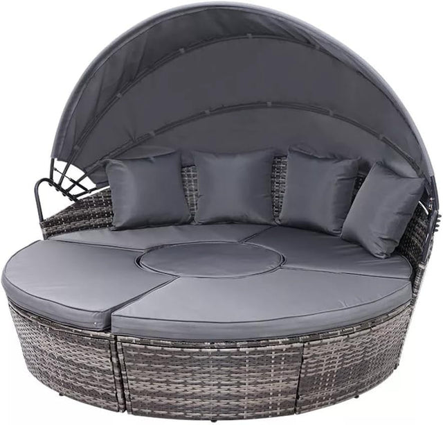 Grey Rattan Garden Daybed 5pc Round Sofa Set Retractable Canopy Table