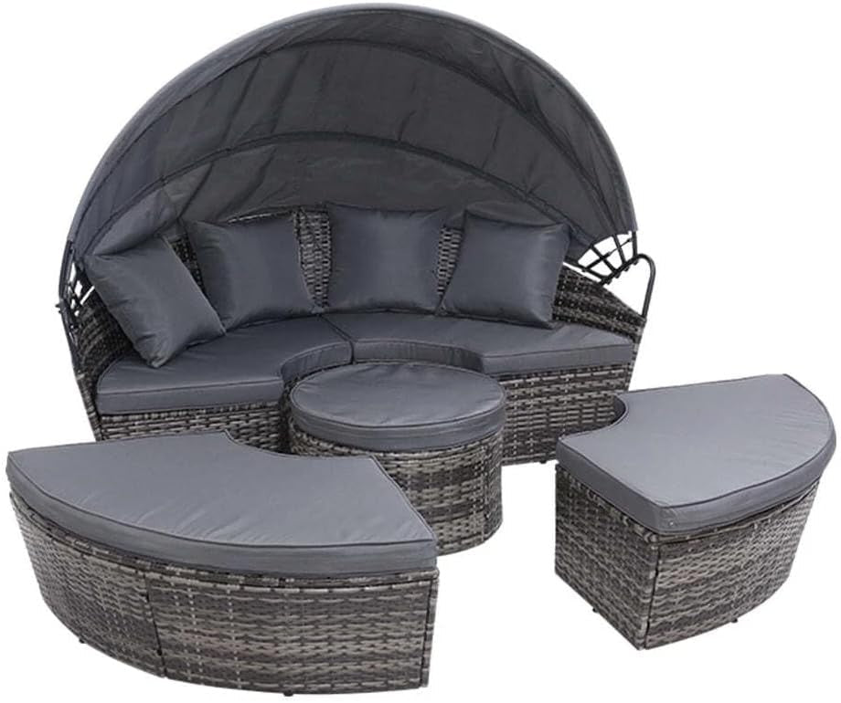 Grey Rattan Garden Daybed 5pc Round Sofa Set Retractable Canopy Table - Kwikley