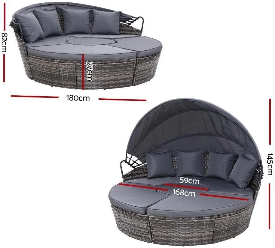 Grey Rattan Garden Daybed 5pc Round Sofa Set Retractable Canopy Table - Kwikley