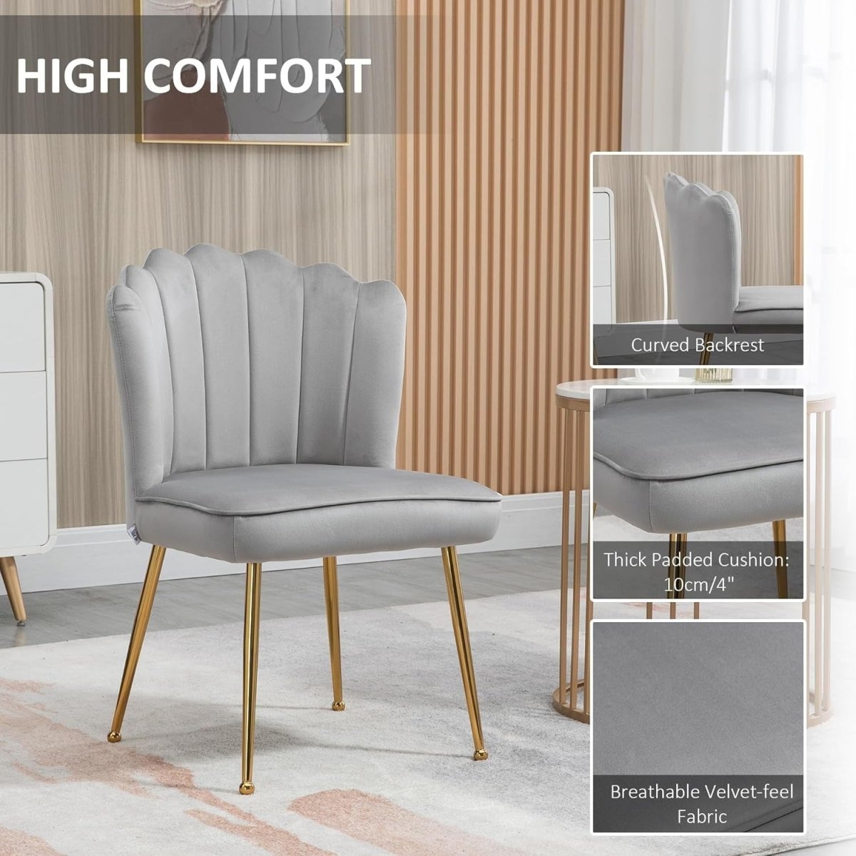 Grey Shell Velvet Accent Chair Gold Metal Legs Modern Vanity Lounge Seat - Kwikley