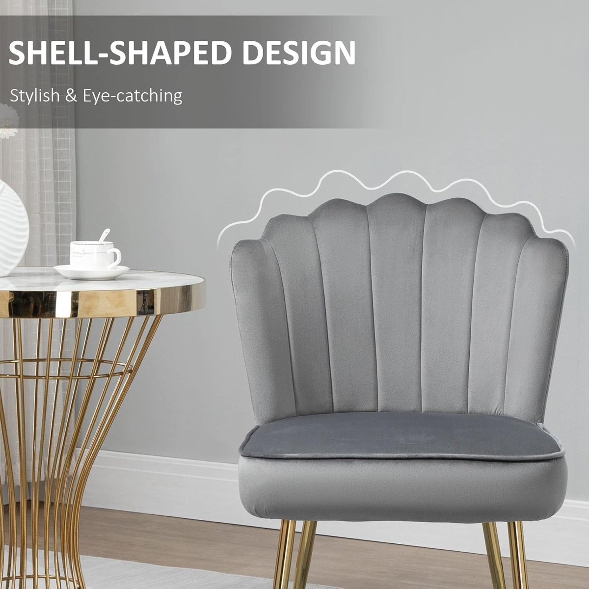 Grey Shell Velvet Accent Chair Gold Metal Legs Modern Vanity Lounge Seat - Kwikley