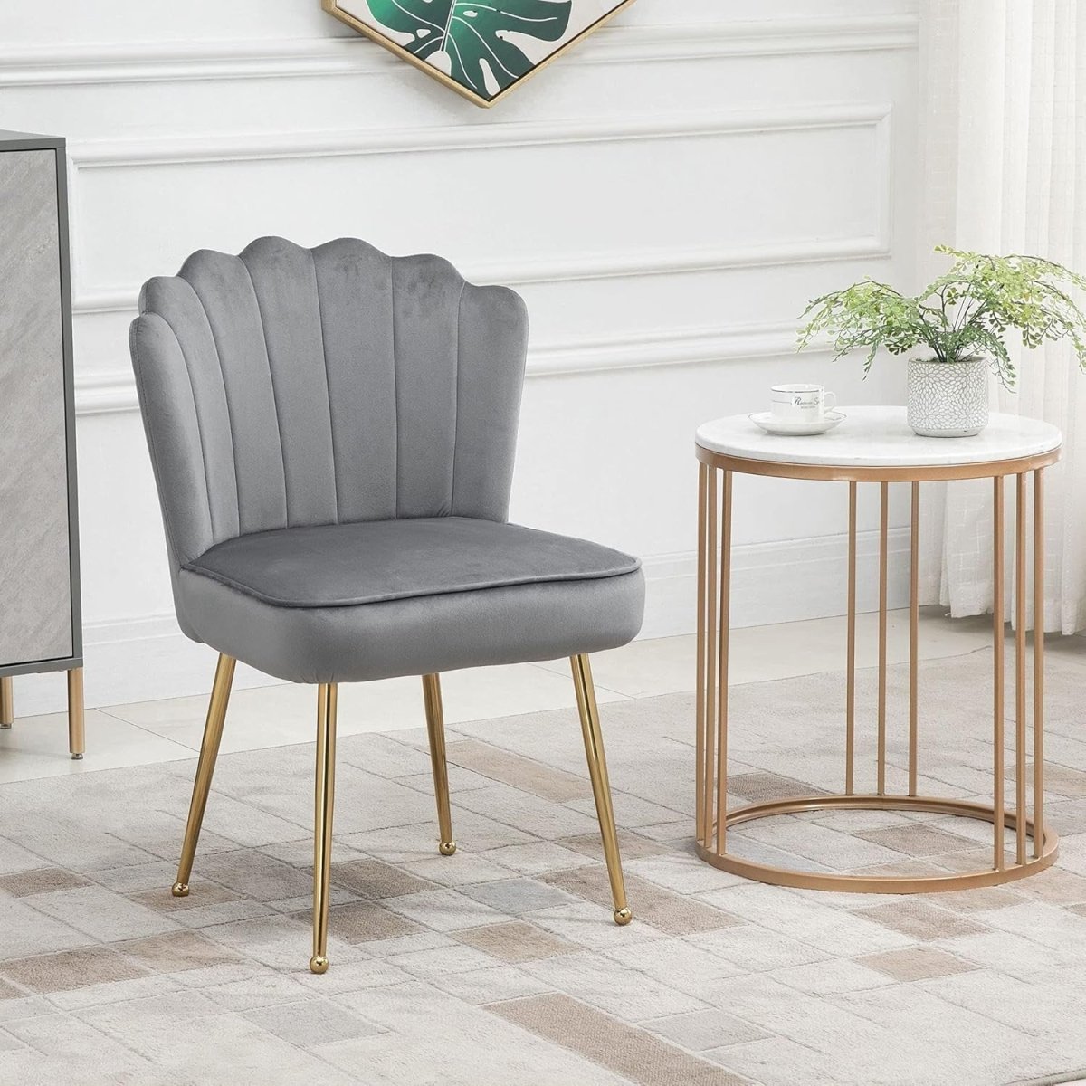 Grey Shell Velvet Accent Chair Gold Metal Legs Modern Vanity Lounge Seat - Kwikley