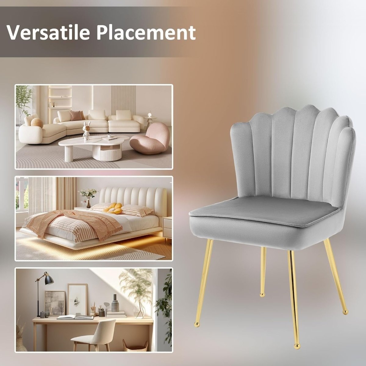 Grey Shell Velvet Accent Chair Gold Metal Legs Modern Vanity Lounge Seat - Kwikley