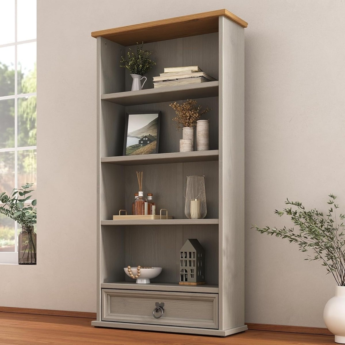 Grey Solid Pine DVD CD Storage Bookcase 1 Drawer Media Rack Unit - Kwikley