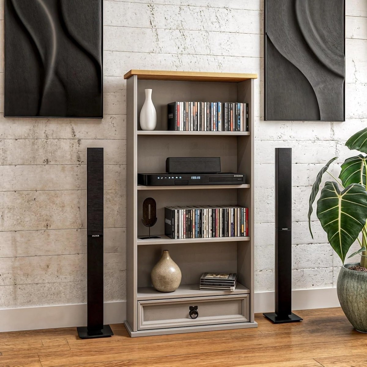 Grey Solid Pine DVD CD Storage Bookcase 1 Drawer Media Rack Unit - Kwikley