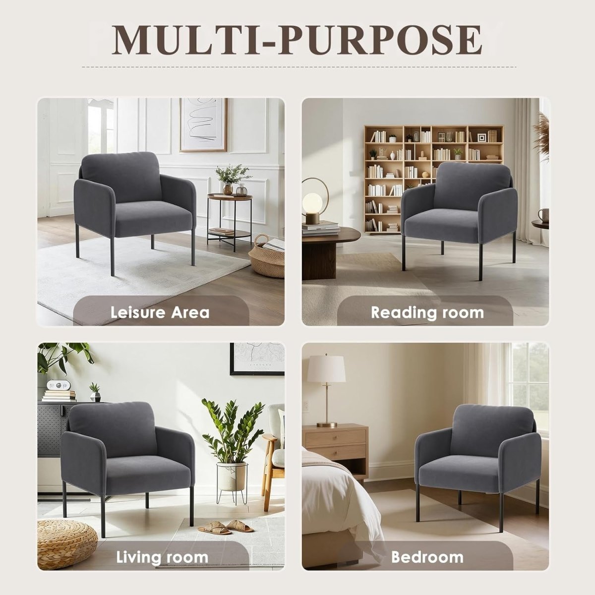 Grey Velvet Accent Armchair Modern Lounge Reading Chair - Kwikley