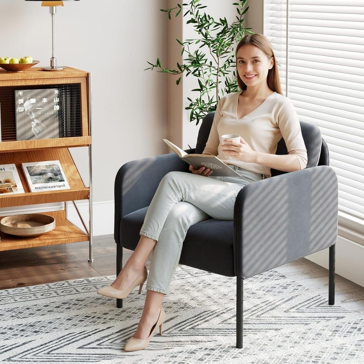 Grey Velvet Accent Armchair Modern Lounge Reading Chair - Kwikley