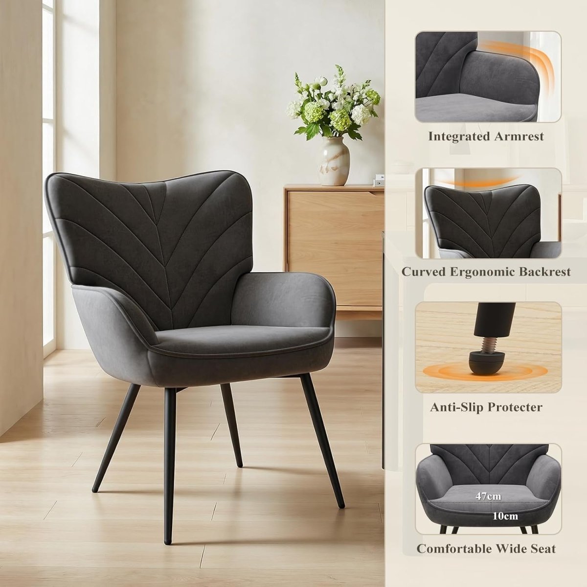 Grey Velvet Accent Chair Modern Armchair Black Metal Legs - Kwikley