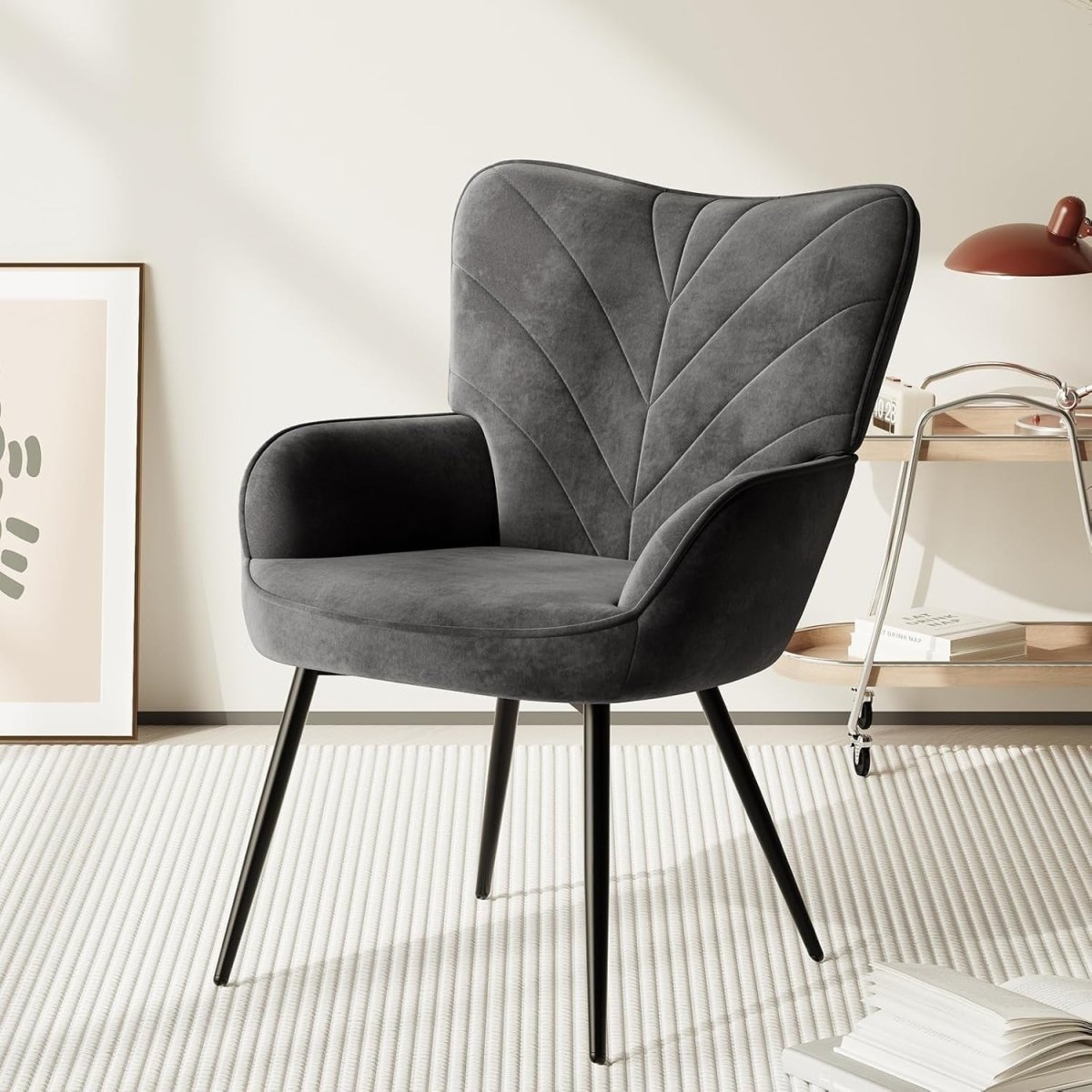 Grey Velvet Accent Chair Modern Armchair Black Metal Legs - Kwikley