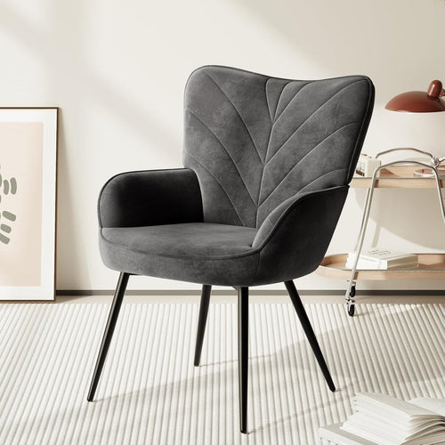 Grey Velvet Accent Chair Modern Armchair Black Metal Legs - Kwikley