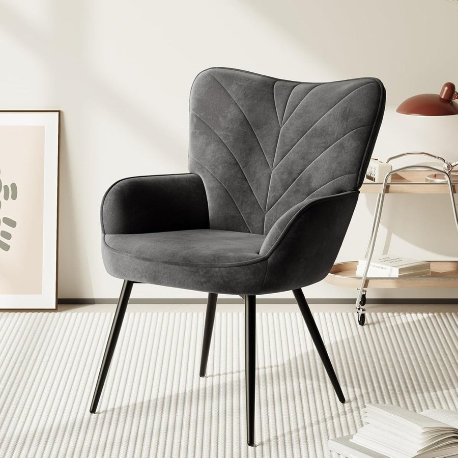 Grey Velvet Accent Chair Modern Armchair Black Metal Legs - Kwikley