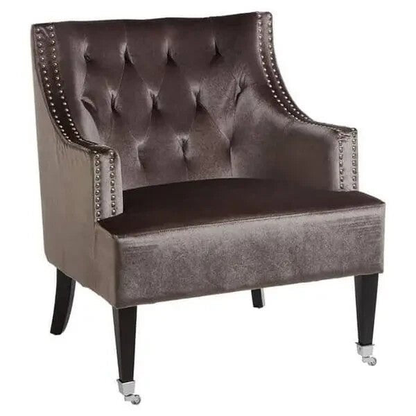 Grey Velvet Accent Chair – Tufted Armchair with Studs & Wooden Legs - Kwikley