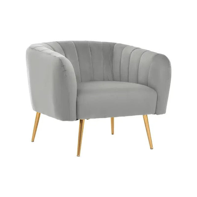 Grey Velvet Accent Chair with Gold Legs – Tufted Armchair for Lounge or Hall