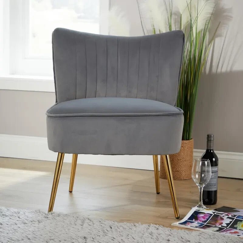 Grey Velvet Armless Accent Chair with Gold Legs Modern Lounge Bedroom Seat - Kwikley