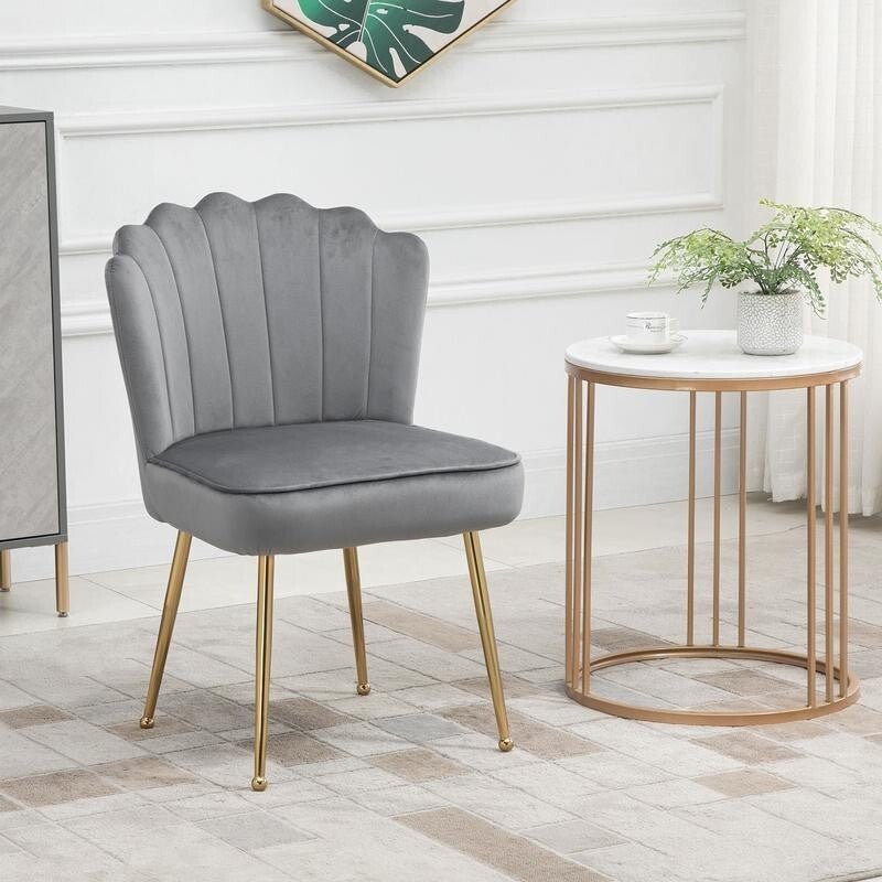 Grey Velvet Shell Chair Gold Legs | Glam Makeup Seat Padded Accent Chair - Kwikley