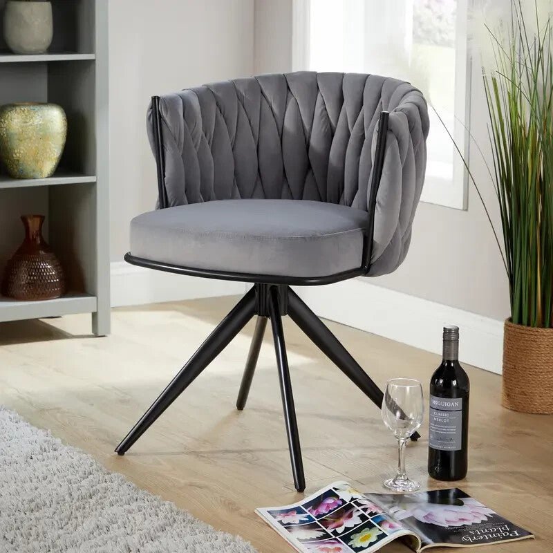 Grey Velvet Swivel Accent Chair Round Tufted Back Plush Seat Metal Legs - Kwikley