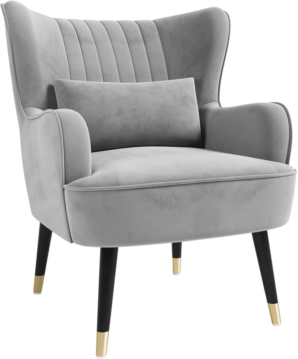Grey Velvet Wing Back Accent Chair Lounge Armchair w Cushion - Kwikley