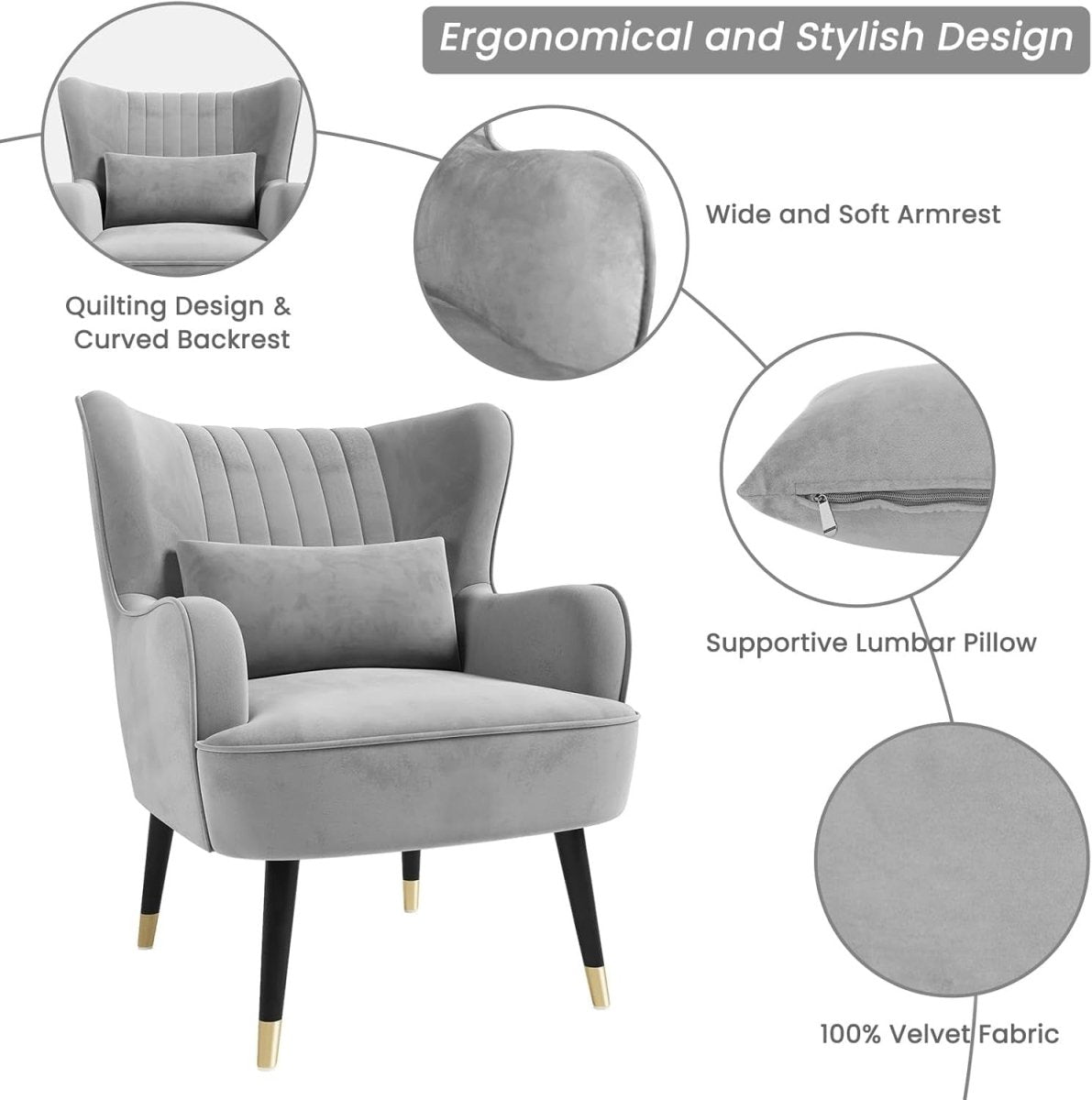 Grey Velvet Wing Back Accent Chair Lounge Armchair w Cushion - Kwikley