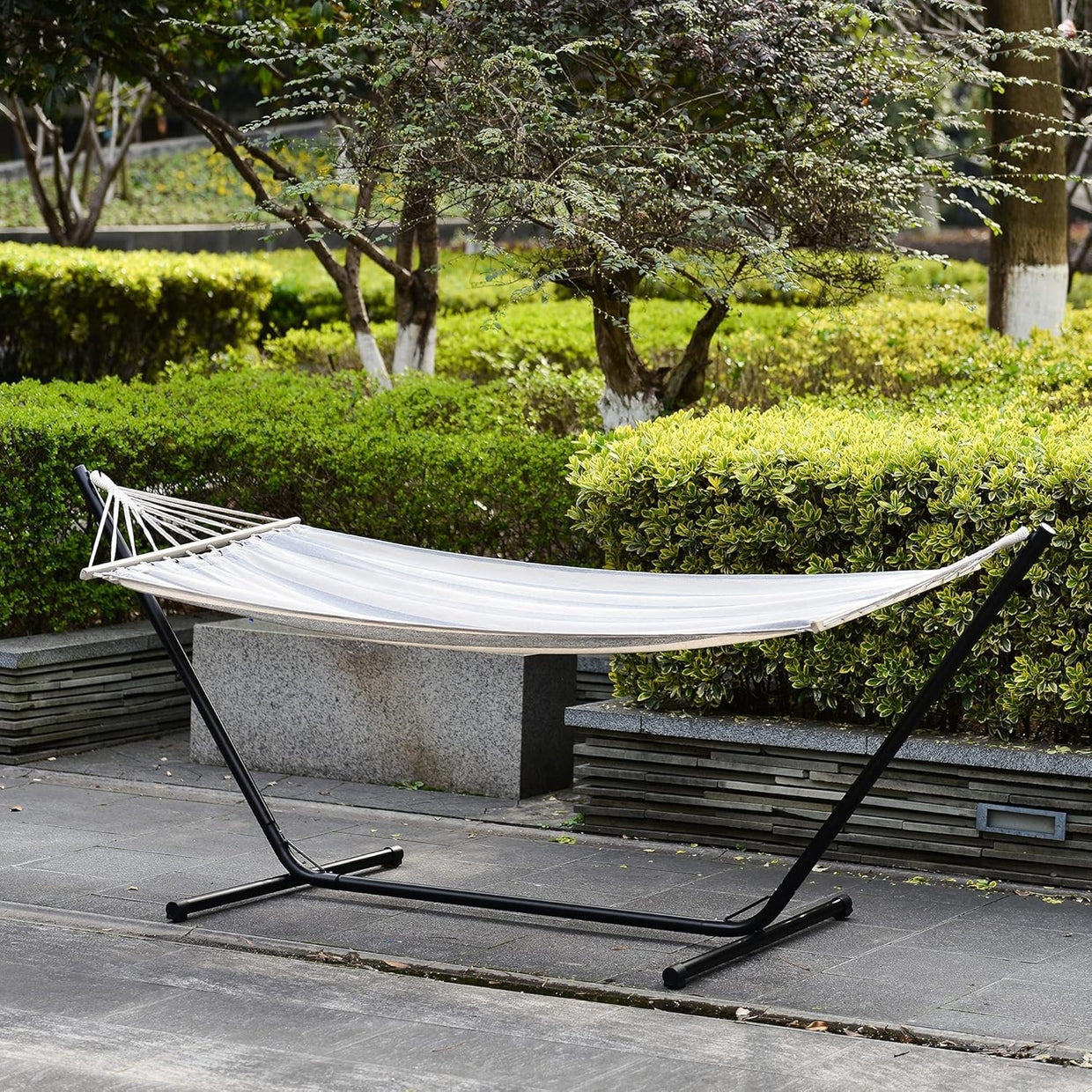 Grey & White Hammock with Stand | Portable Cotton Swing Bed | 150KG Capacity - Kwikley