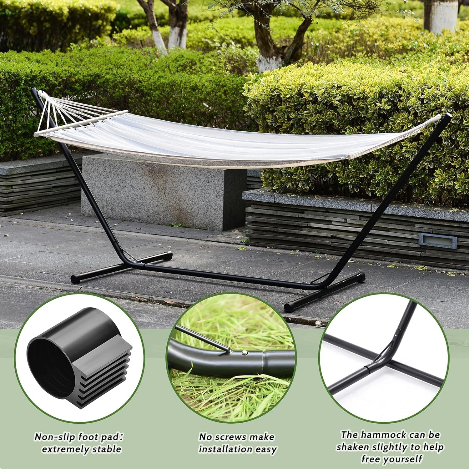 Grey & White Hammock with Stand | Portable Cotton Swing Bed | 150KG Capacity - Kwikley
