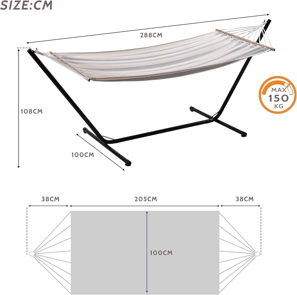 Grey & White Hammock with Stand | Portable Cotton Swing Bed | 150KG Capacity - Kwikley