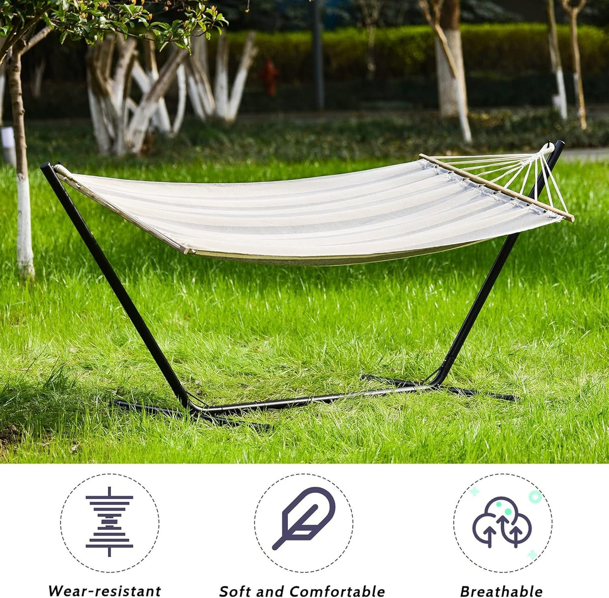 Grey & White Hammock with Stand | Portable Cotton Swing Bed | 150KG Capacity - Kwikley