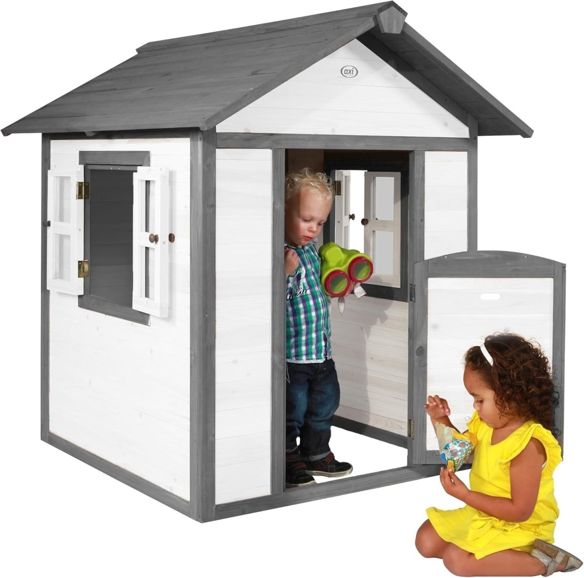 Grey White Wooden Kids Playhouse Outdoor Garden Lodge FSC Wood - Kwikley