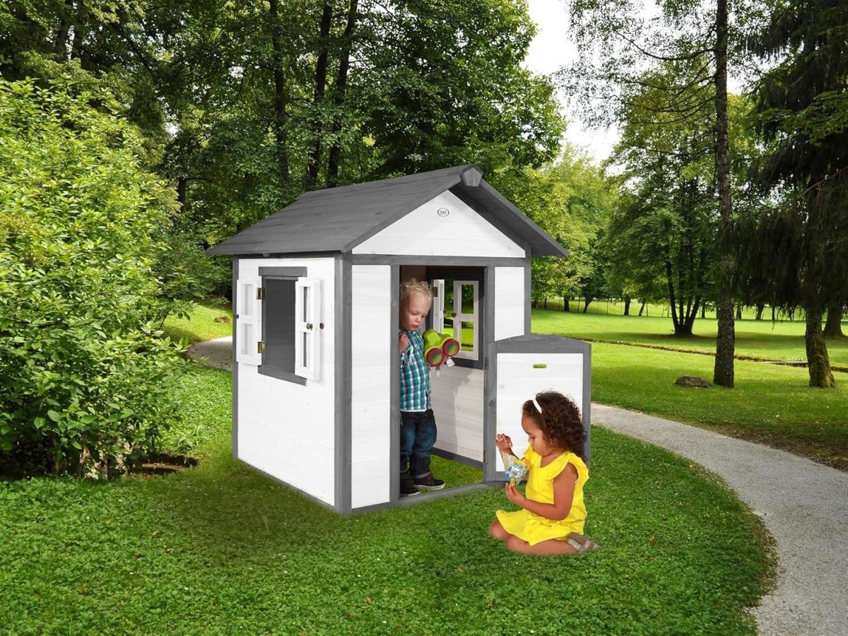Grey White Wooden Kids Playhouse Outdoor Garden Lodge FSC Wood - Kwikley