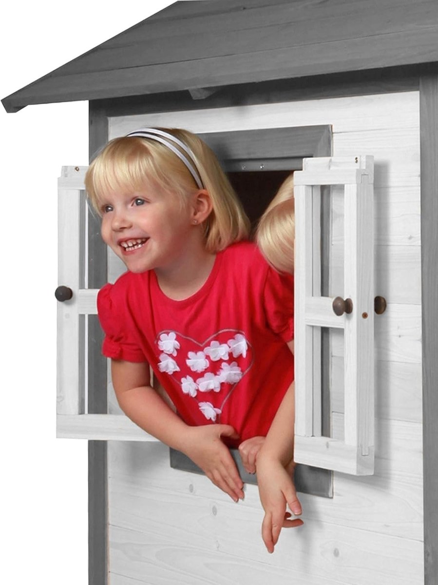 Grey White Wooden Kids Playhouse Outdoor Garden Lodge FSC Wood - Kwikley