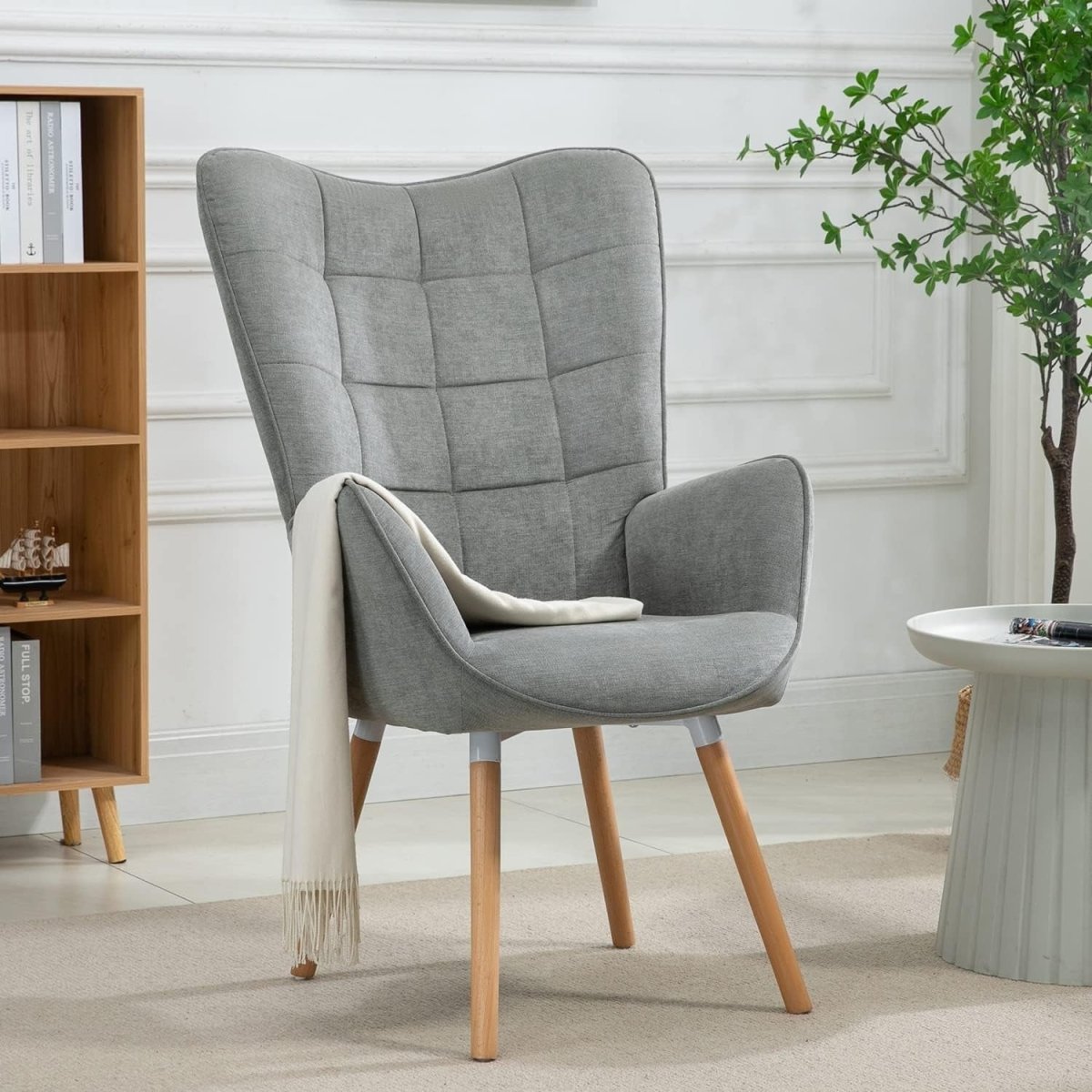 Grey Wingback Accent Chair Lounge Armchair for Reading Bedroom Office - Kwikley