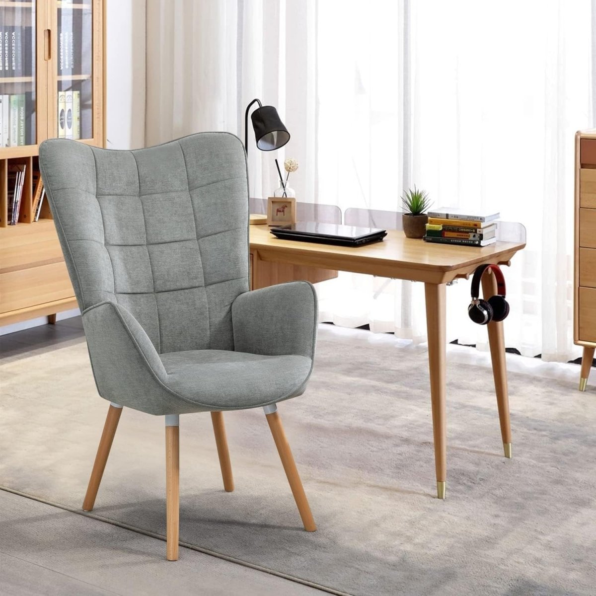 Grey Wingback Accent Chair Lounge Armchair for Reading Bedroom Office - Kwikley