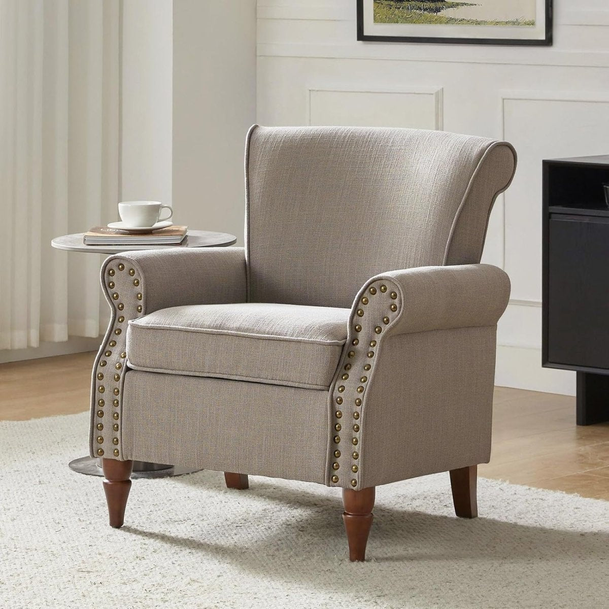 Grey Wingback Accent Chair Upholstered Armchair with Nailhead Trim - Kwikley