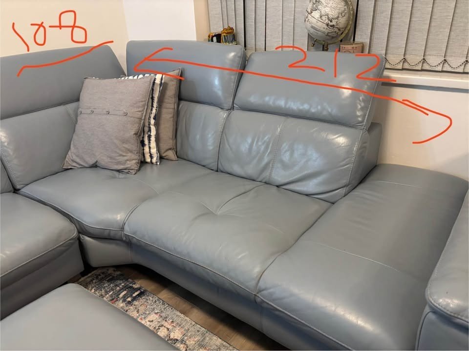 Greyish Blue Leather Corner Sofa + Armchair + Footstool (PTP) - Kwikley