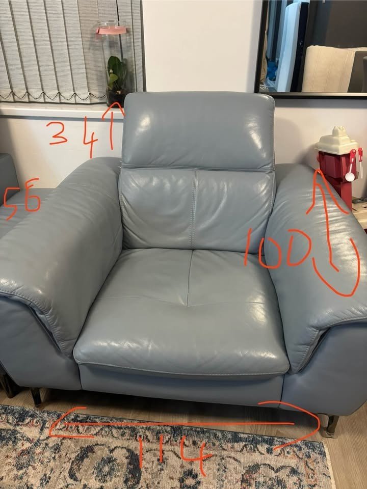 Greyish Blue Leather Corner Sofa + Armchair + Footstool (PTP) - Kwikley