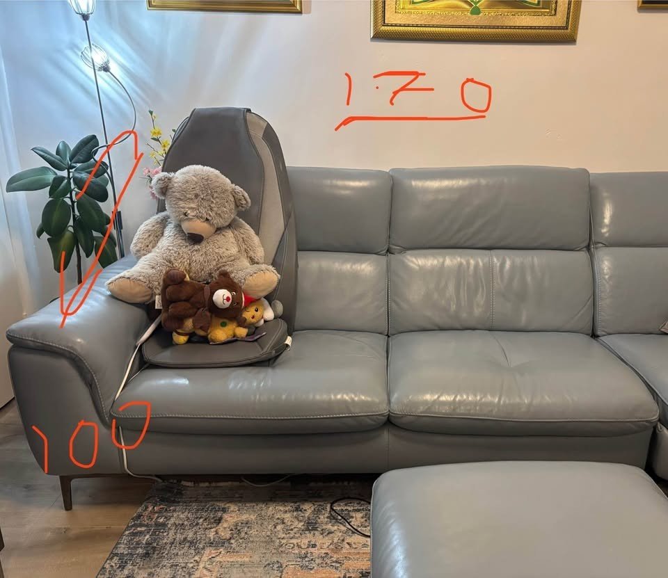 Greyish Blue Leather Corner Sofa + Armchair + Footstool (PTP) - Kwikley