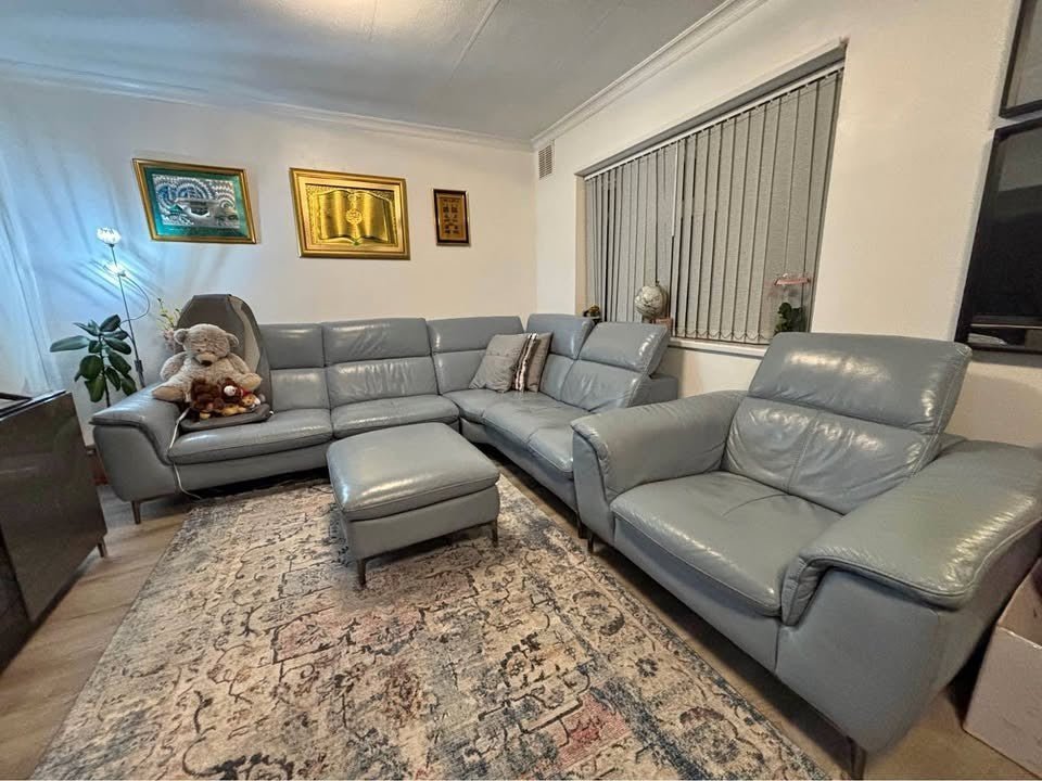 Greyish Blue Leather Corner Sofa + Armchair + Footstool (PTP) - Kwikley
