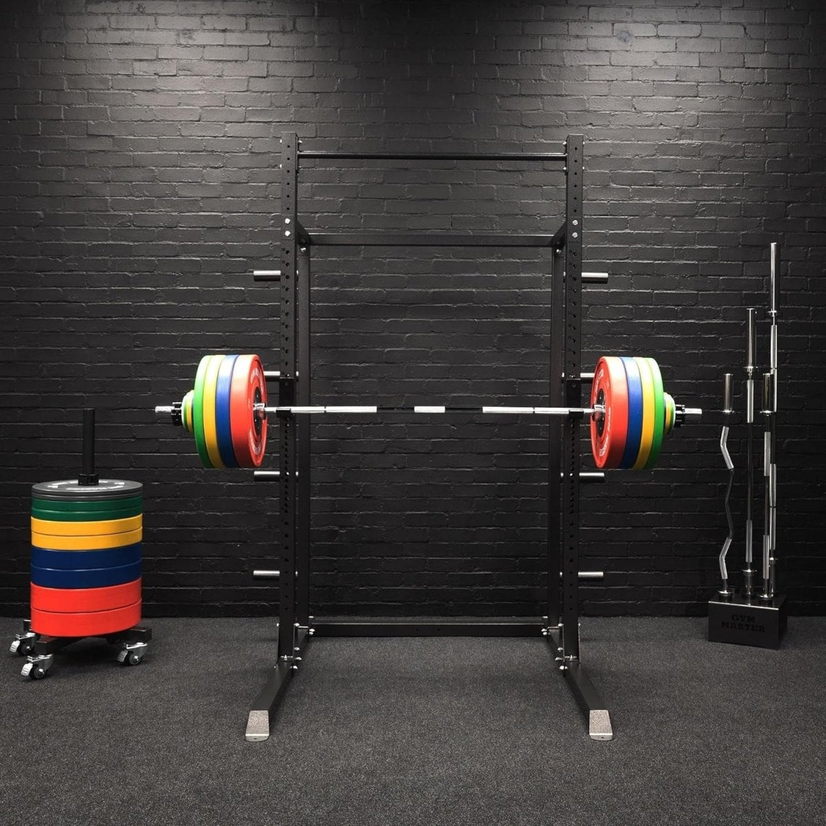Half Power Rack Squat Cage Black with Pull Up Bar & Weight Storage - Kwikley